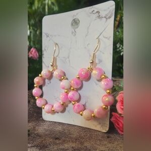 Handcrafted Gold and Pink Hoop Earrings with Beaded Design